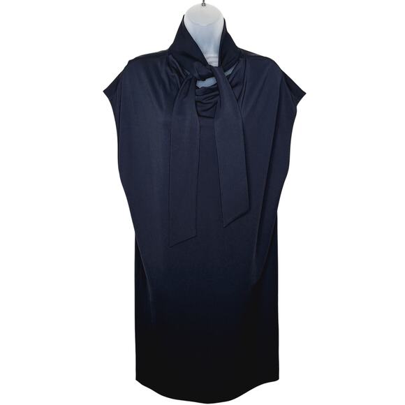 COS Day Dress Tie Neck Shift Cocoon Navy Small Jersey Minimalist Career Capsule - Picture 1 of 10